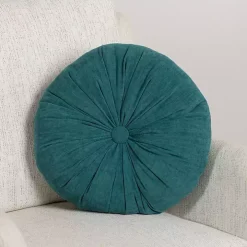 Round Teal Velvet Tufted Pillow