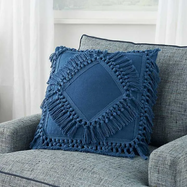 Royal Blue Diamond Fringe Throw Pillow