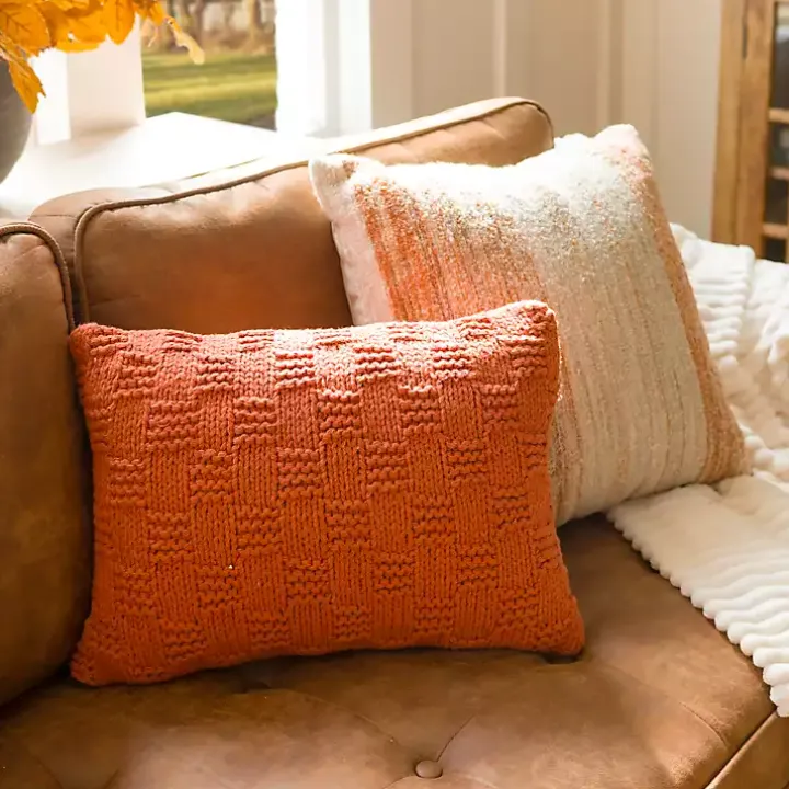 Rust Knit Checkerboard Lumbar Pillow