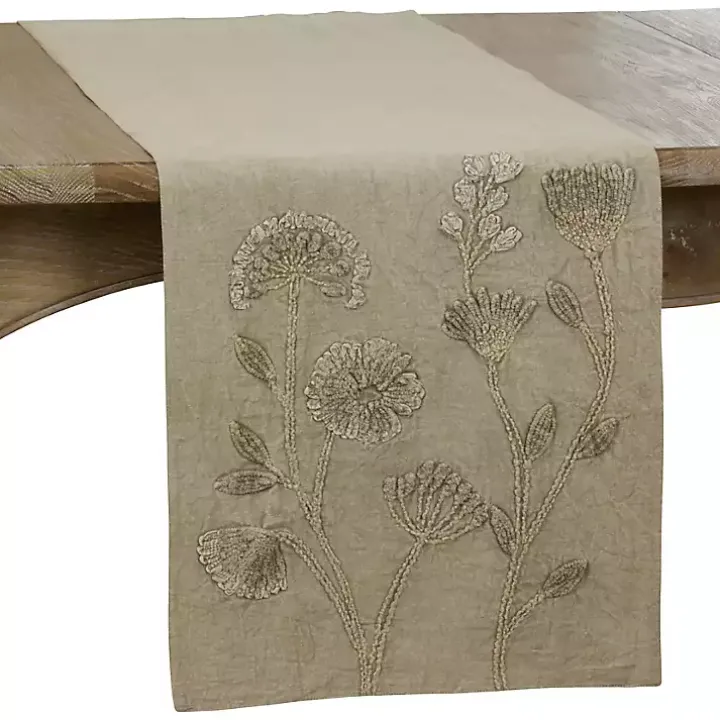 Sand Beige Floral Embroidered Table Runner