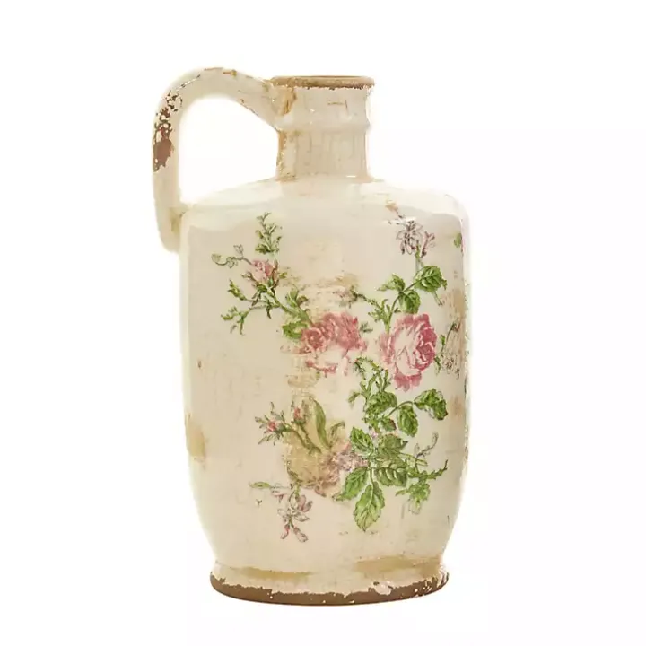 Shabby Chic Ivory Floral Pitcher Vase