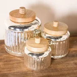 Silver Glass Jars with Wooden Lids, Set of 3