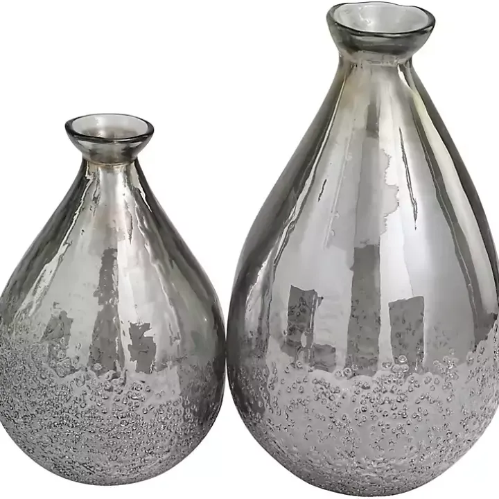 Silver Glass Teardrop Textured Vases, Set of 2