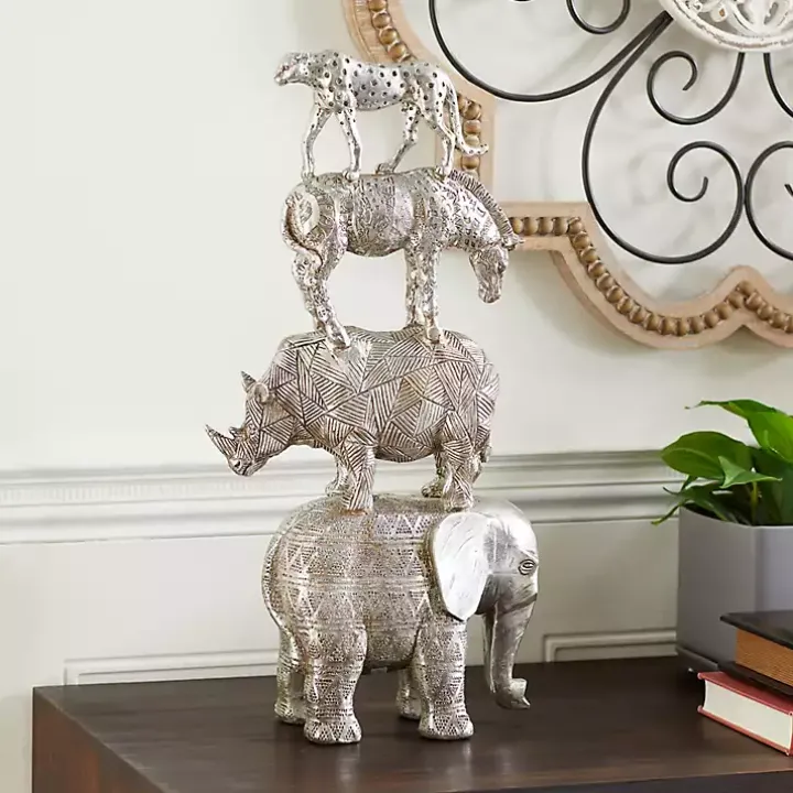 Silver Resin Stacked Animals Sculpture
