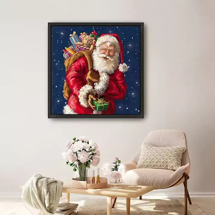 Smiling Santa with Gifts Framed Canvas Art Print
