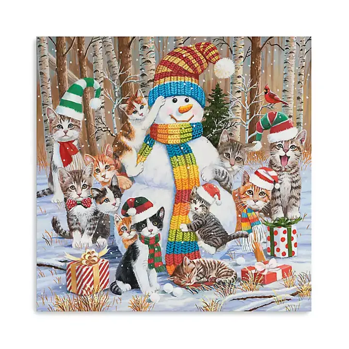 Snowman with Kittens Canvas Christmas Art Print