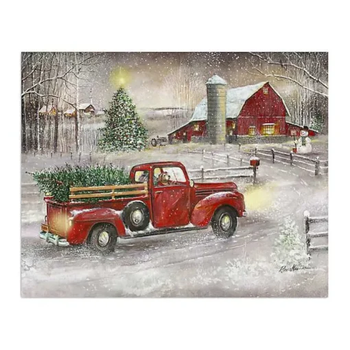 Snowy Barn and Truck Canvas Art Print