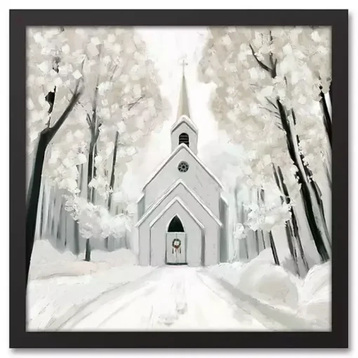 Snowy Church Black Framed Canvas Art Print