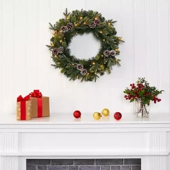 Snowy Pine Cone Clear LED Wreath