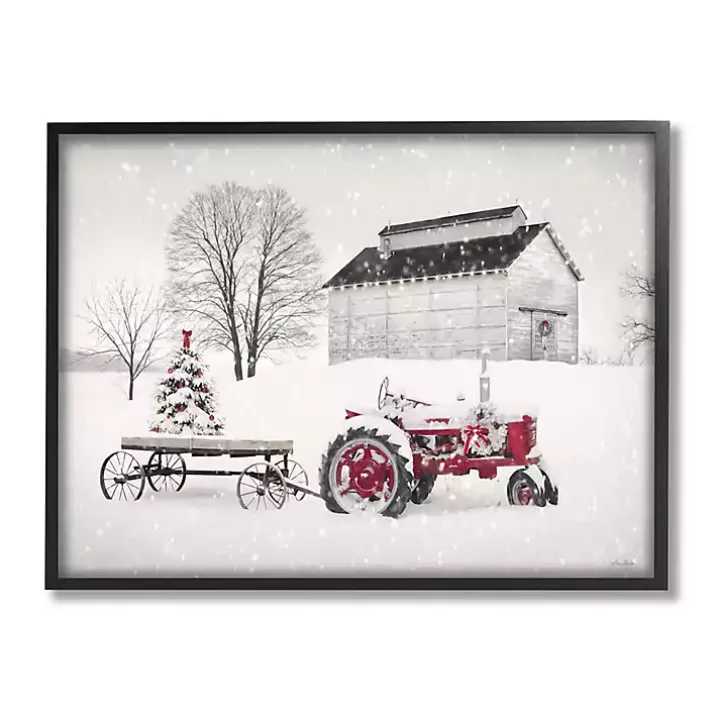 Snowy Red Tractor Framed Art Print