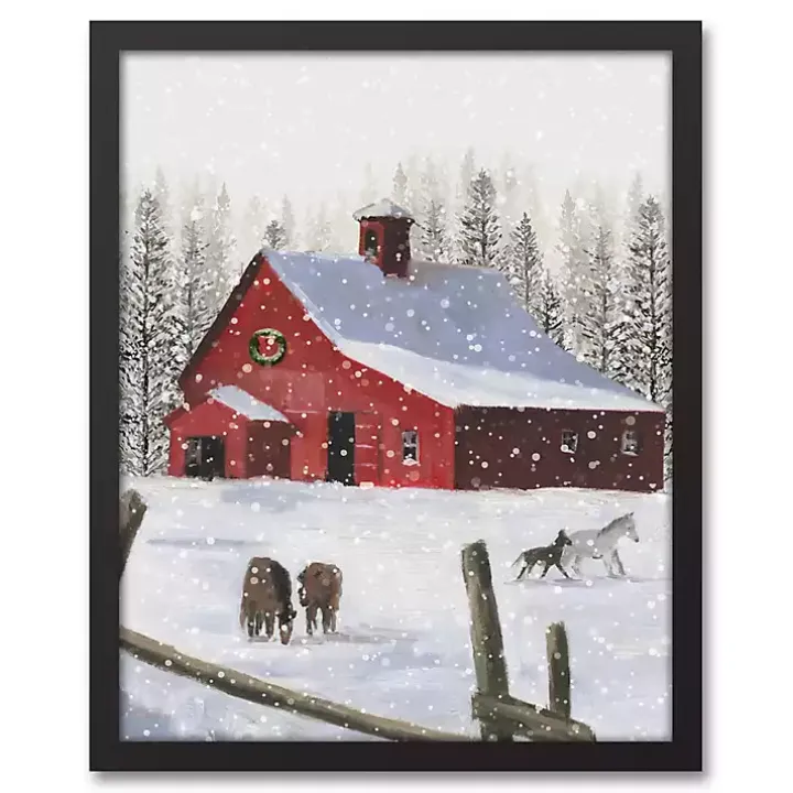 Snowy Stables Black Framed Canvas Art Print