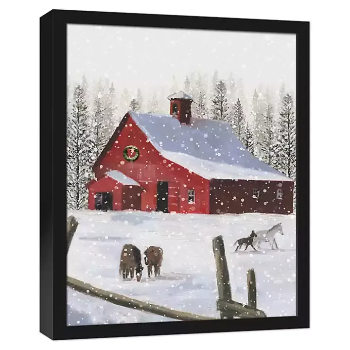 Snowy Stables Black Framed Canvas Art Print