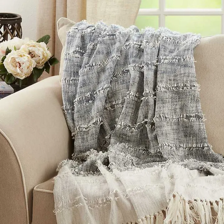 Soft Blue Textured Striped Tassel Throw