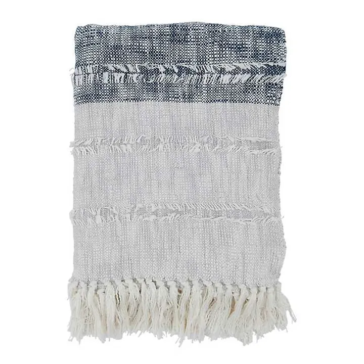 Soft Blue Textured Striped Tassel Throw