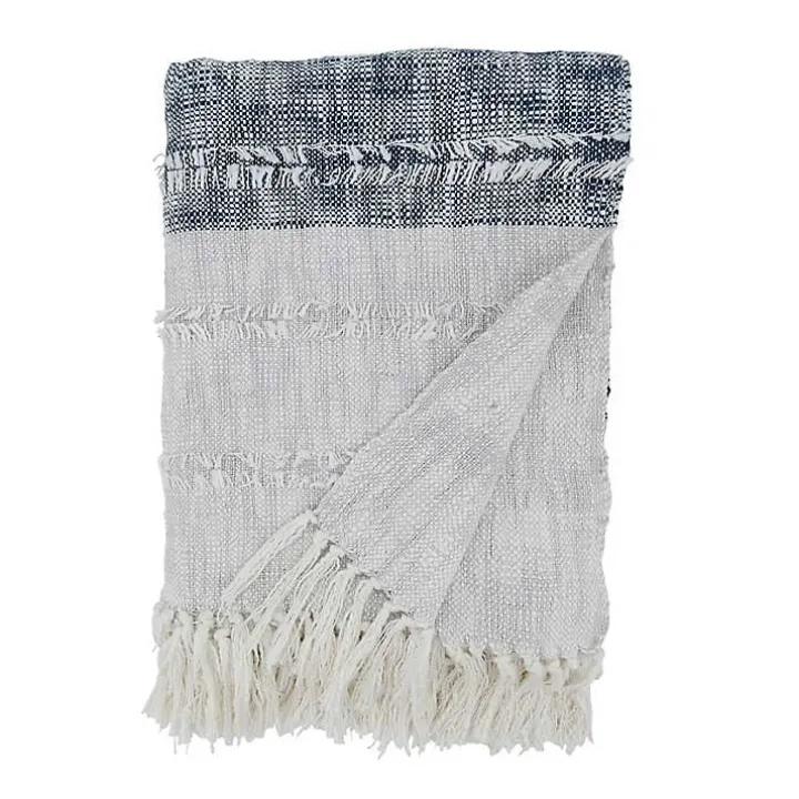 Soft Blue Textured Striped Tassel Throw