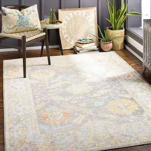 Soft Yellow and Gray Floral Area Rug, 8x12