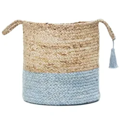 Spa Blue and Tan Woven Basket with Tassel, 17 in.