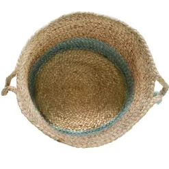 Spa Blue and Tan Woven Basket with Tassel, 17 in.
