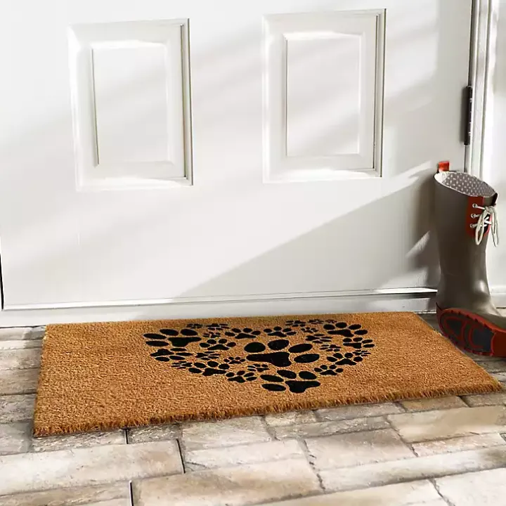 Tan and Black Coir Heart Paws Doormat, 17x29