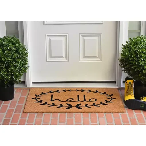 Tan and Black Evergreen Hello Doormat, 36x24 in.