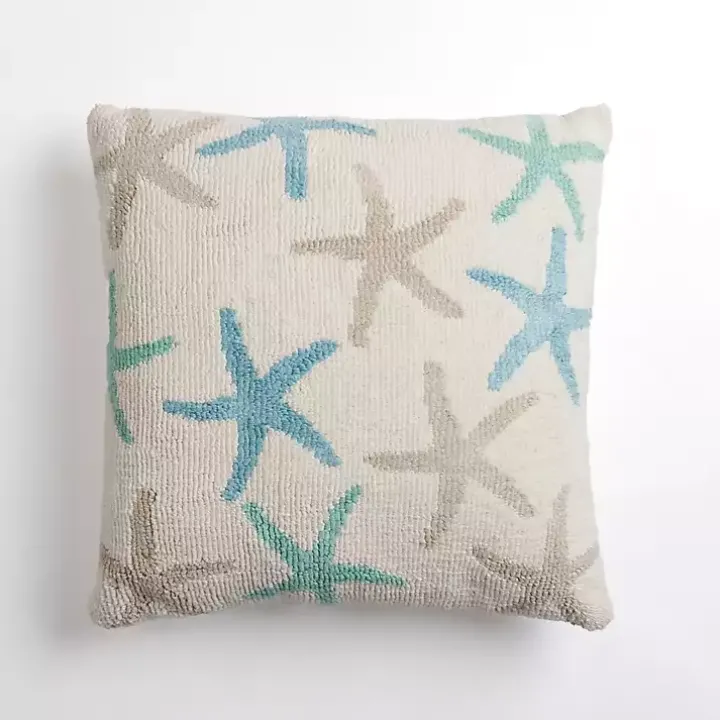 Tan and Blue Starfish Hooked Pillow