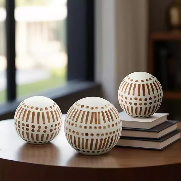 Tan and White Patterned Orbs, Set of 3