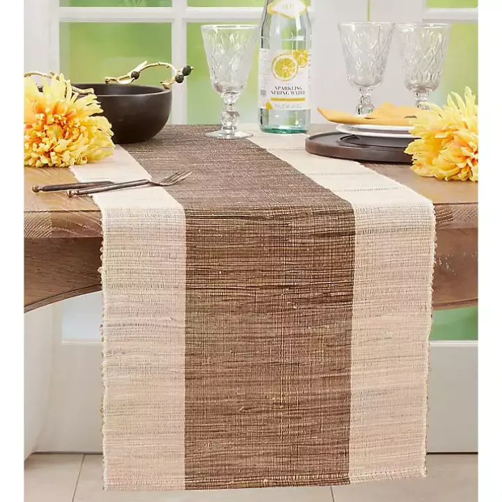Tan and White Shimmer Banded Table Runner