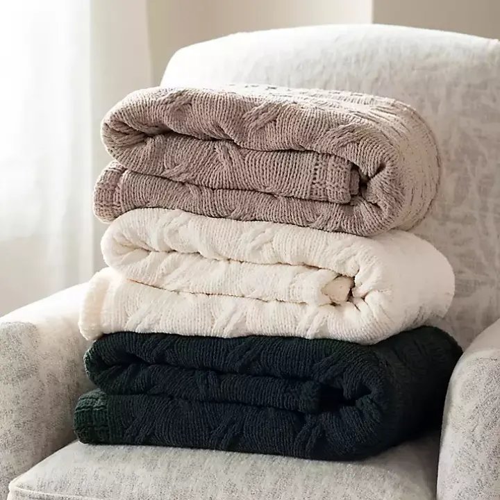 Tan Chenille Cable Knit Throw