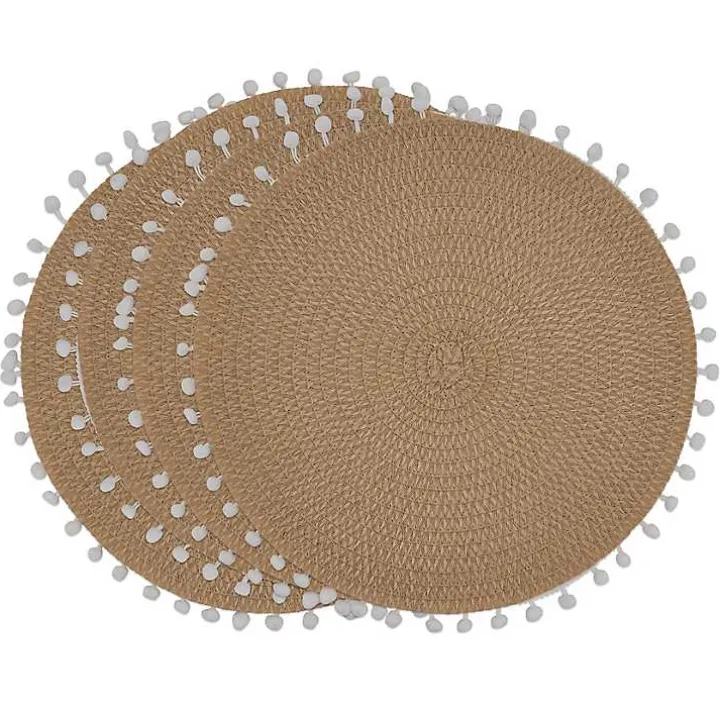 Tan Circular Pom Pom Placemats, Set of 4