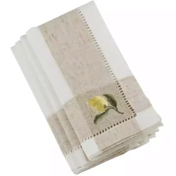 Tan Hemstitch Embroidered Lemon Napkins, Set of 4