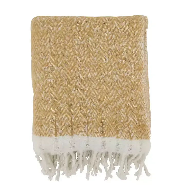 Tan Herringbone Faux Mohair Throw