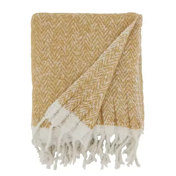 Tan Herringbone Faux Mohair Throw