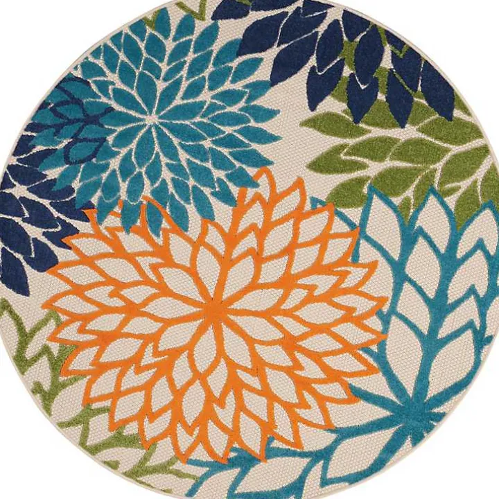 Tangerine Floral Burst Round Outdoor Area Rug