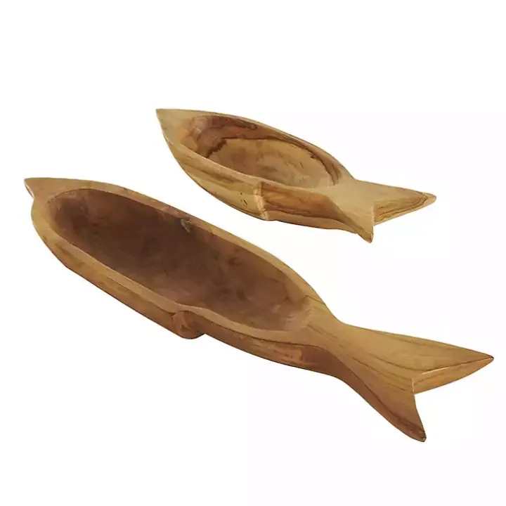 Teak Wood Carved Fish Trays, Set of 2