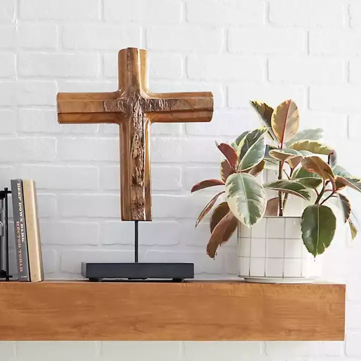 Teak Wood Floating Cross Tabletop Sculpture