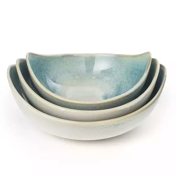 Teal & White Ceramic Decorative Bowls, Set of 3