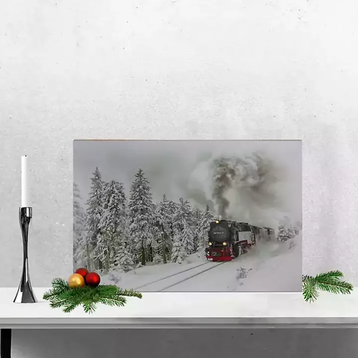 Train in Winter Woods LED Canvas Art Print