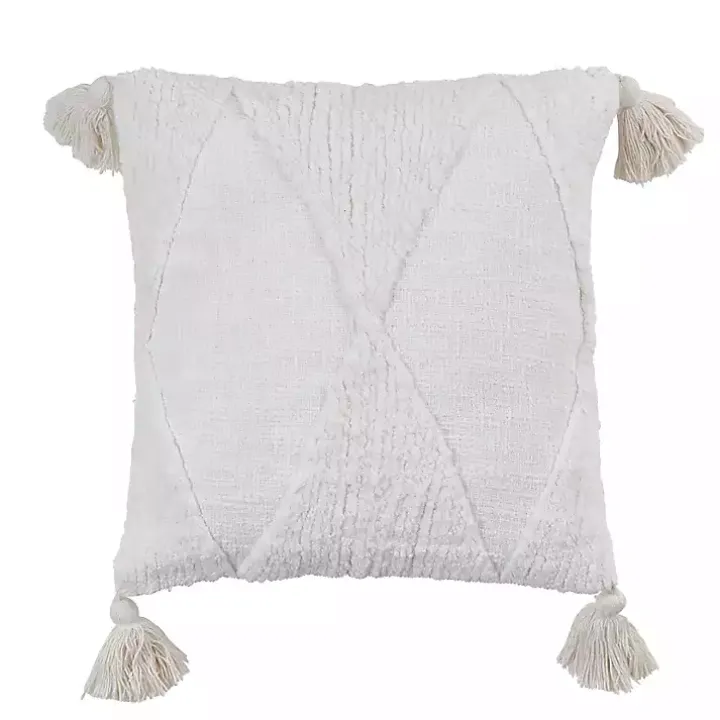 Tufted Diamond White with Tassels Throw Pillow