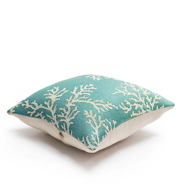 Turquoise Coral Woven Outdoor Throw Pillow