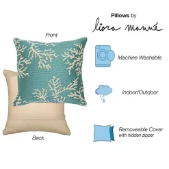 Turquoise Coral Woven Outdoor Throw Pillow