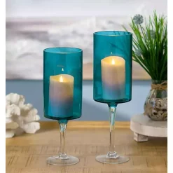 Turquoise Glass Hurricane Candle Holders, Set of 2