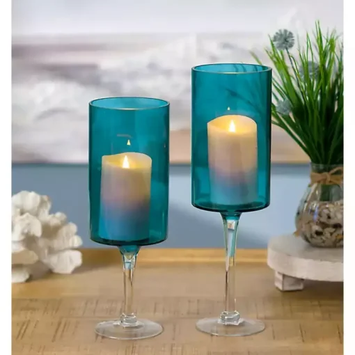 Turquoise Glass Hurricane Candle Holders, Set of 2