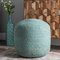 Turquoise Neely Jute Braided Pouf