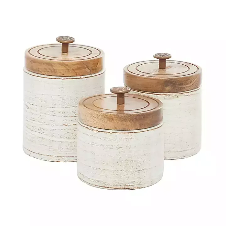 Weathered Ivory Jars with Wooden Lids, Set of 3