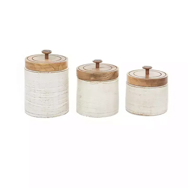 Weathered Ivory Jars with Wooden Lids, Set of 3