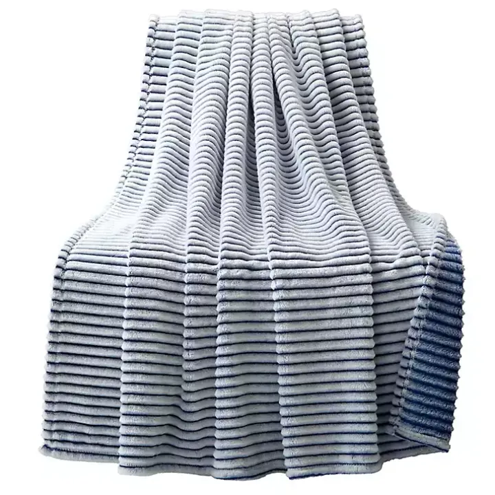 White & Navy Ribbed Ultra Soft Faux Fur Throw