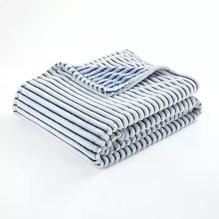 White & Navy Ribbed Ultra Soft Faux Fur Throw