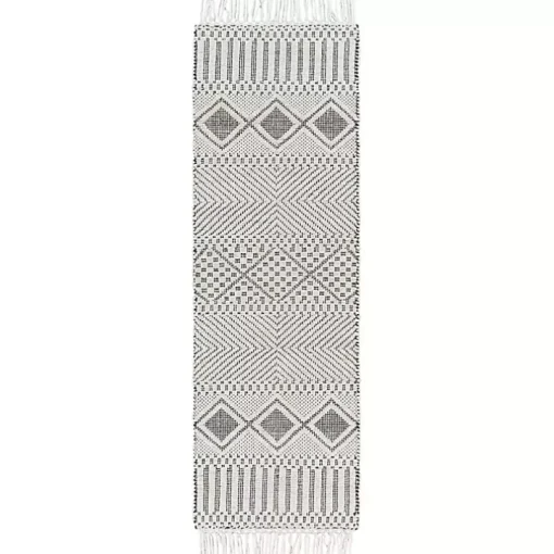 White and Black Diamond Tassel Wool Runner, 2x8