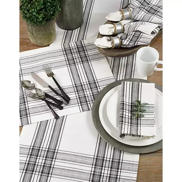White and Black Plaid Cotton Table Runner