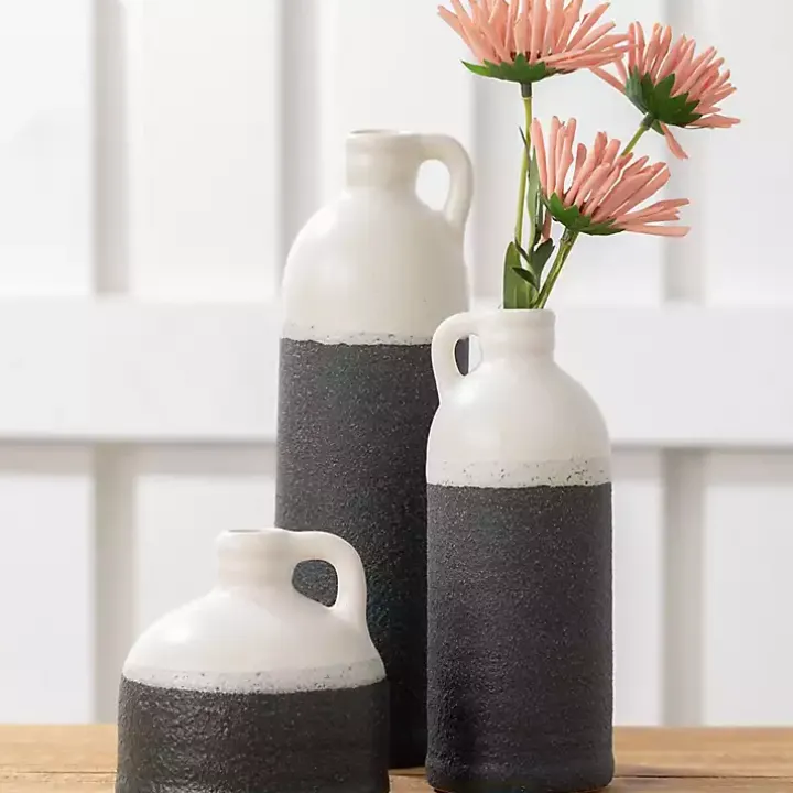 White and Black Two-Toned Ceramic Vases, Set of 3